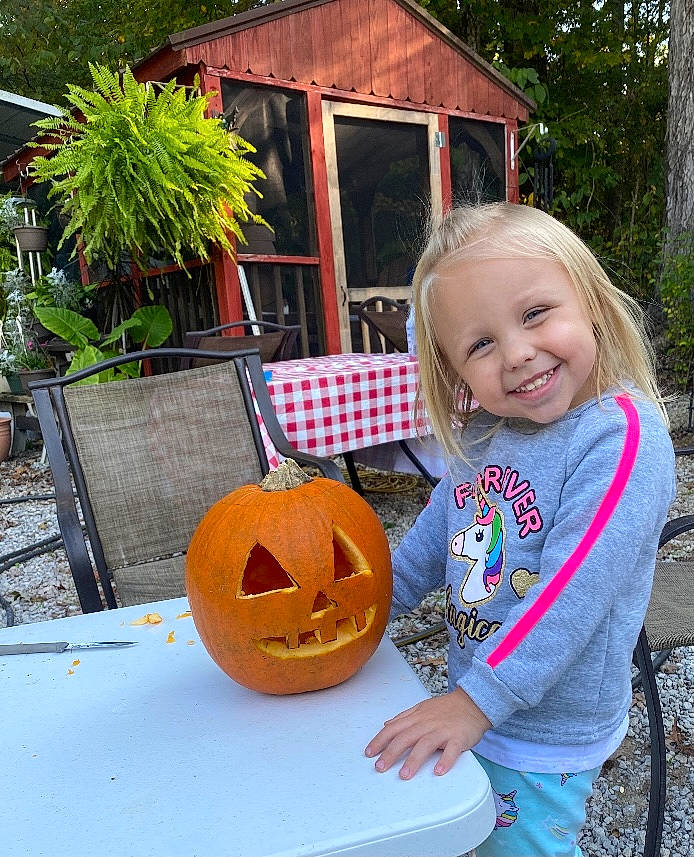 Ansley joined the competition — help win amazing prizes! calabaza, carving, child, cucurbita, fruit, gourd, jack_o_lantern, joy, person, plant, pumpkin, smile, toddler, trick_or_treat, vegetable, winter_squash