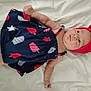 baby, infant, child, dress, headband, bow, navy_blue, red, popsicle_print, lying_down, white_background, cute, soft, skin, arms, legs, clothing, portrait, indoors, curious