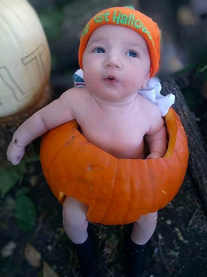 Colt joined the competition — help win amazing prizes! baby, bonnet, cap, clothing, costume, face, festival, food, halloween, hat, head, person, photography, plant, portrait, pottedplant, produce, pumpkin, squash, vegetable
