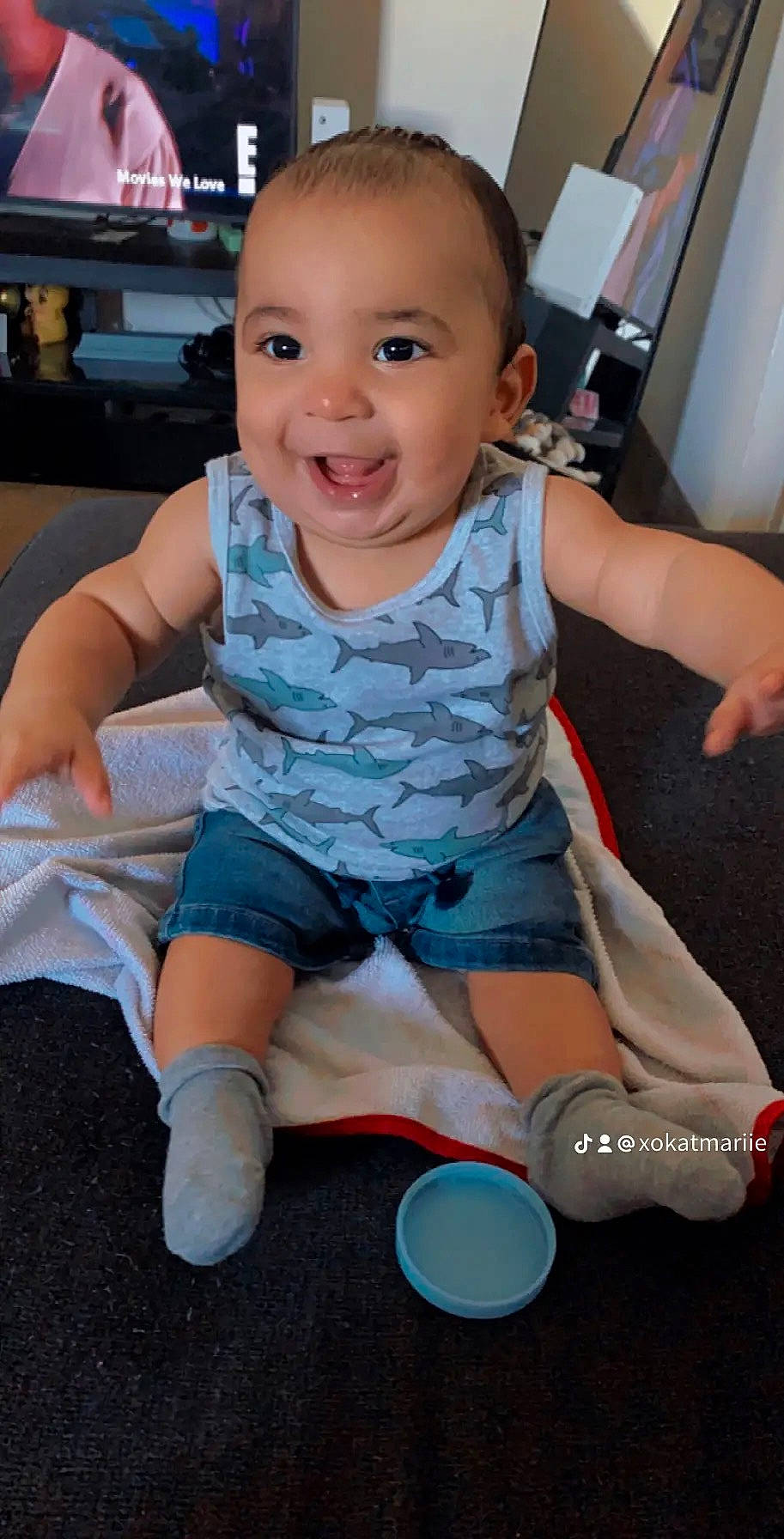 Christopher Jr. is registered to the contest to win money with this photo: baby, baby_toddler_clothing, cheek, eye, facial_expression, fun, hairstyle, happy, head, human_leg, joy, knee, people, person, product, shorts, skin, sleeve, smile, thigh