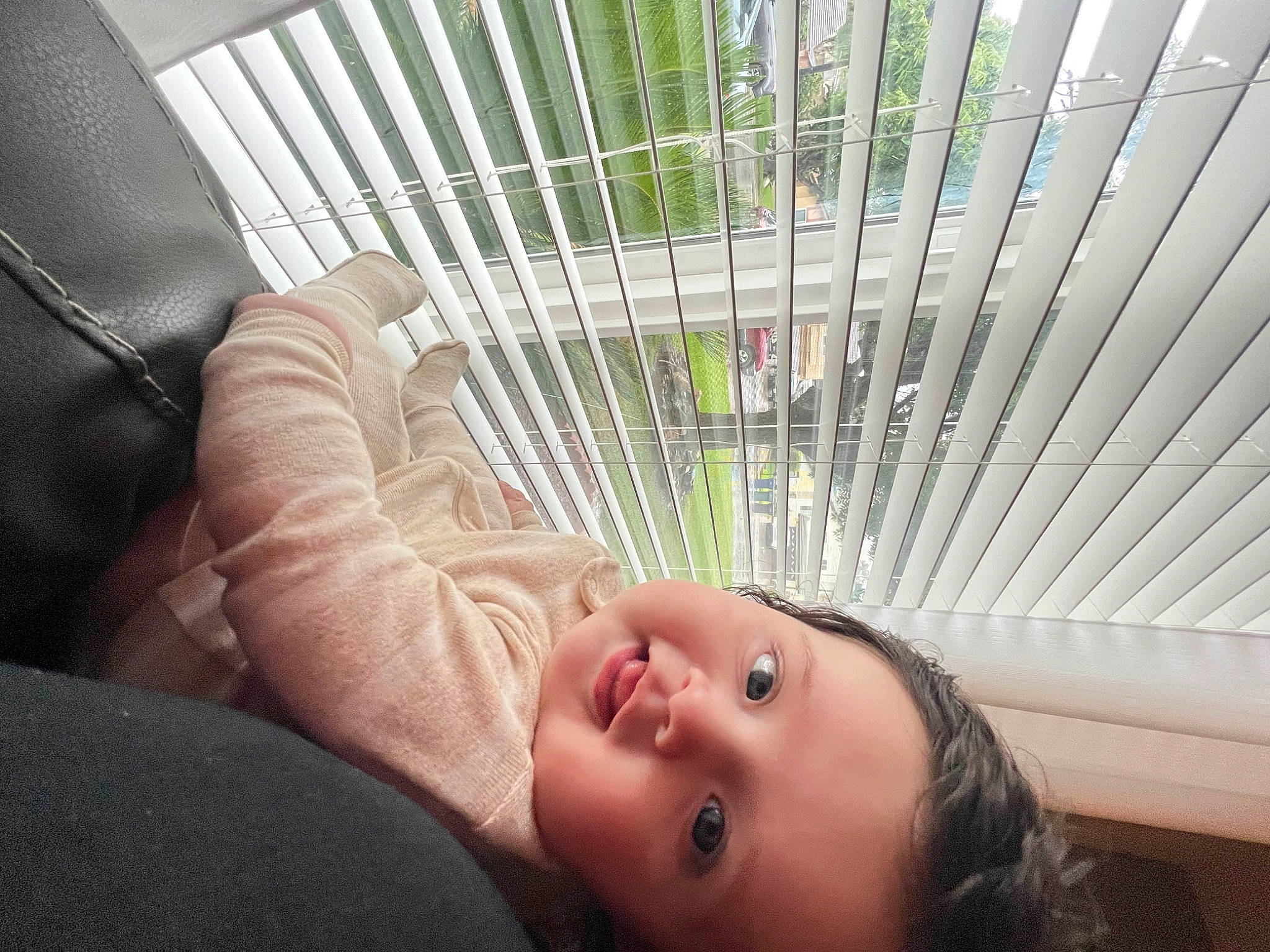 Alice is registered to the contest to win money with this photo: baby, chair, chest, comfort, eye, finger, flooring, fun, grass, hammock, human_body, human_leg, leisure, person, room, sitting, stairs, toddler, tree, vehicle_door