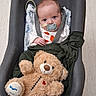 Waylon is registered to the contest to win money with this photo: baby, pacifier, teddy_bear, baby_seat, straps, blanket, clothing, floor, indoor, child, cute, plush_toy, comfort, infant, soft_toy, face, person, seated, expression, toy