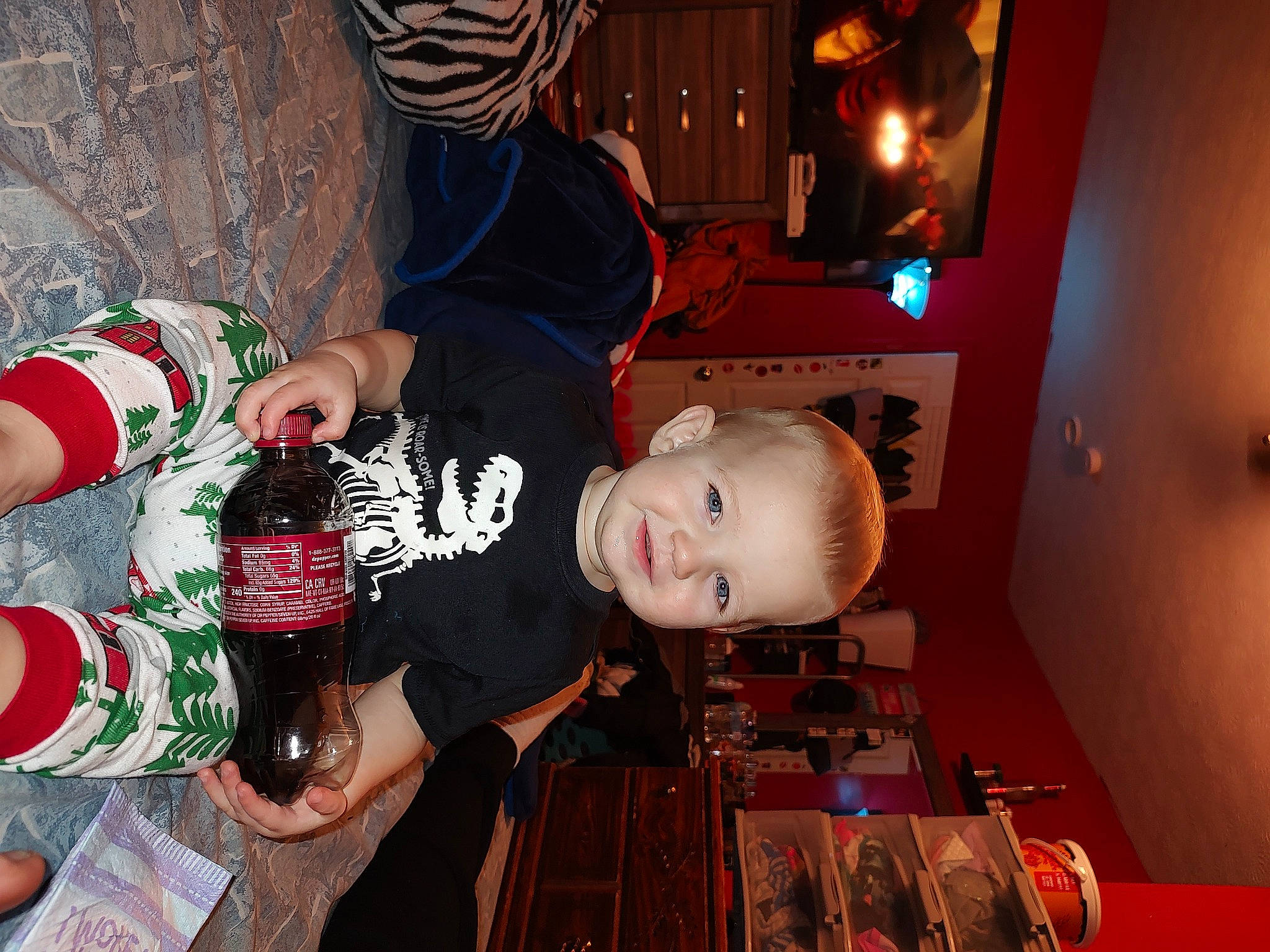 Cecil joined the competition — help win amazing prizes! bottle, carbonated_soft_drinks, child, christmas, christmas_eve, cola, drink, event, fun, holiday, party, person, picture_frame, plastic_bottle, room, t_shirt, table, toddler