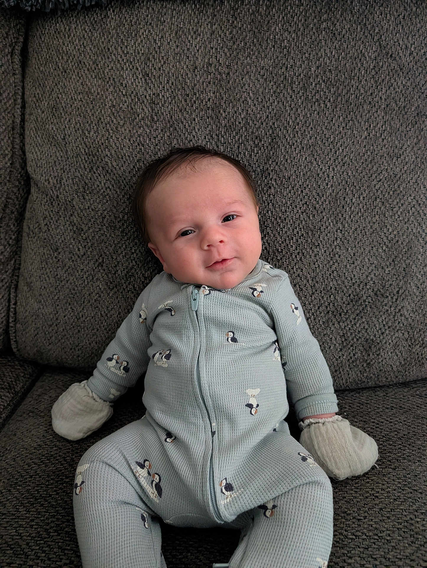 Ryder joined the competition — help win amazing prizes! baby, infant, newborn, couch, onesie, mittens, face, head, smile, sitting, upholstery, texture, pattern, zipper, clothing, indoor, portrait, cozy, adorable, relaxed