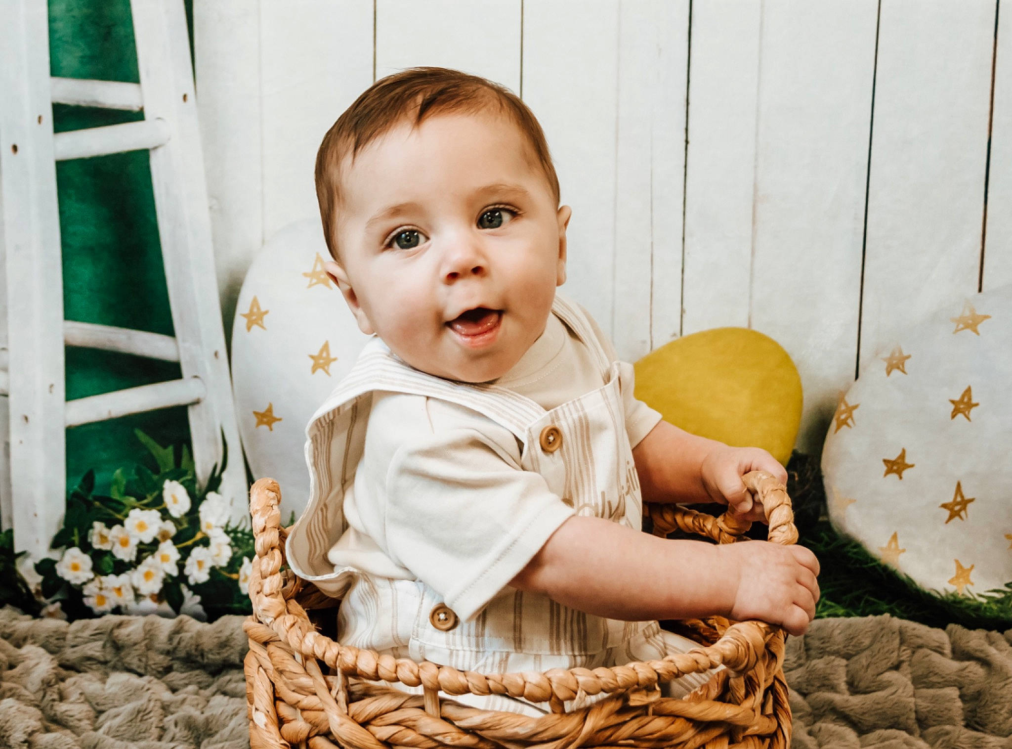 Jude joined the competition — help win amazing prizes! baby, baby_toddler_clothing, basket, child, dress, eye, flash_photography, grass, happy, people, people_in_nature, person, photograph, plant, sitting, sleeve, smile, storage_basket, toddler, white