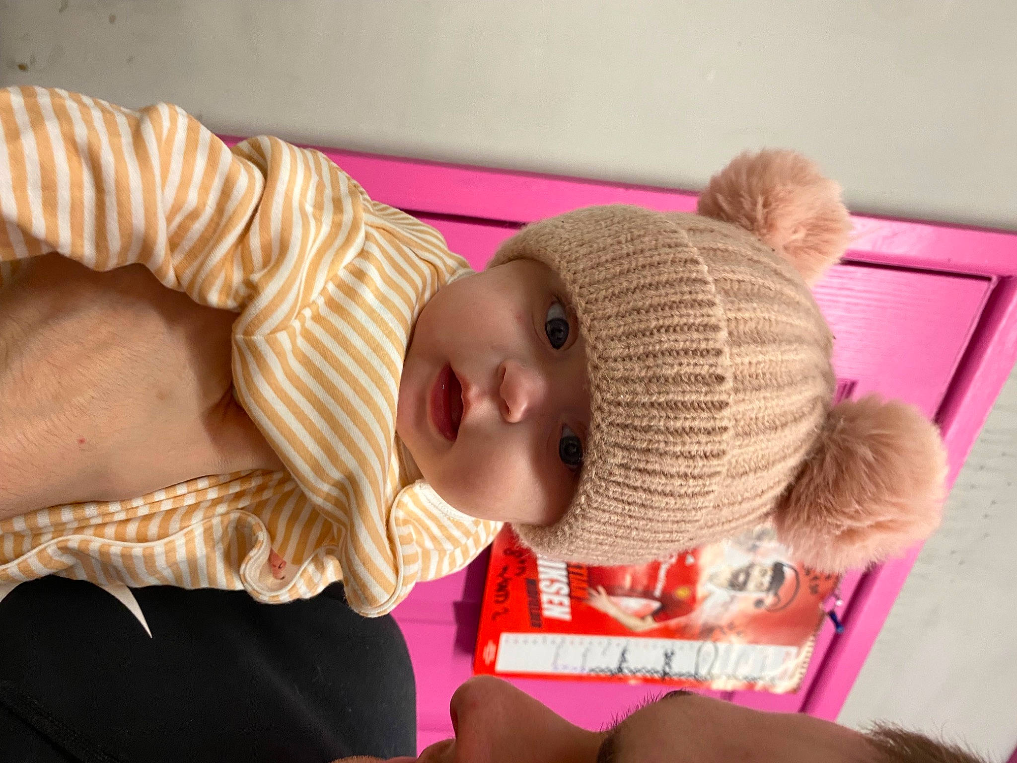 Addileigh-rose is registered to the contest to win money with this photo: baby, baby_products, baby_sleeping, baby_toddler_clothing, beanie, bedtime, cap, cheek, child, comfort, fashion_accessory, headgear, headwear, knit_cap, linens, person, room, skin, toddler, wood