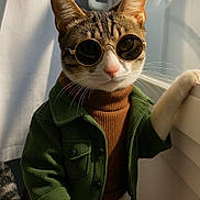 Kyra a rejoint le concours — aidez-le/la à gagner de superbes lots ! cat, sunglasses, green_jacket, brown_turtleneck, window, indoor, pet, fashion, portrait, tabby_cat, whiskers, feline, clothing, cute, animal, posing, sunlight, casual, stylish, domestic_cat