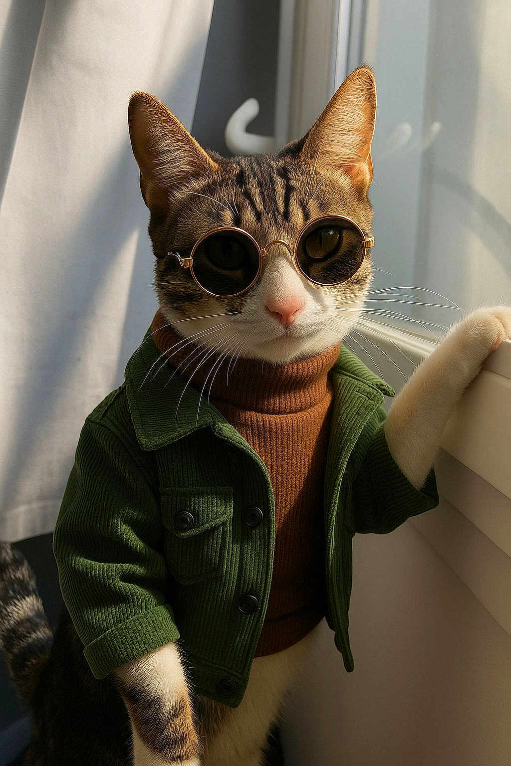 Kyra a rejoint le concours — aidez-le/la à gagner de superbes lots ! cat, sunglasses, green_jacket, brown_turtleneck, window, indoor, pet, fashion, portrait, tabby_cat, whiskers, feline, clothing, cute, animal, posing, sunlight, casual, stylish, domestic_cat
