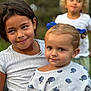 blond_hair, blue_bows, candid, casual_clothing, child, children, curly_hair, cute, family, greenery, happy, nature, outdoor, patterned_shirt, person, playful, portrait, sibling, smile, young