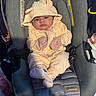 Juila is registered to the contest to win money with this photo: baby, infant, car_seat, clothing, hood, mittens, socks, face, child, person, safety, seat, cute, indoors, apparel, cozy, car_seat_strap, baby_garment, adorable, newborn