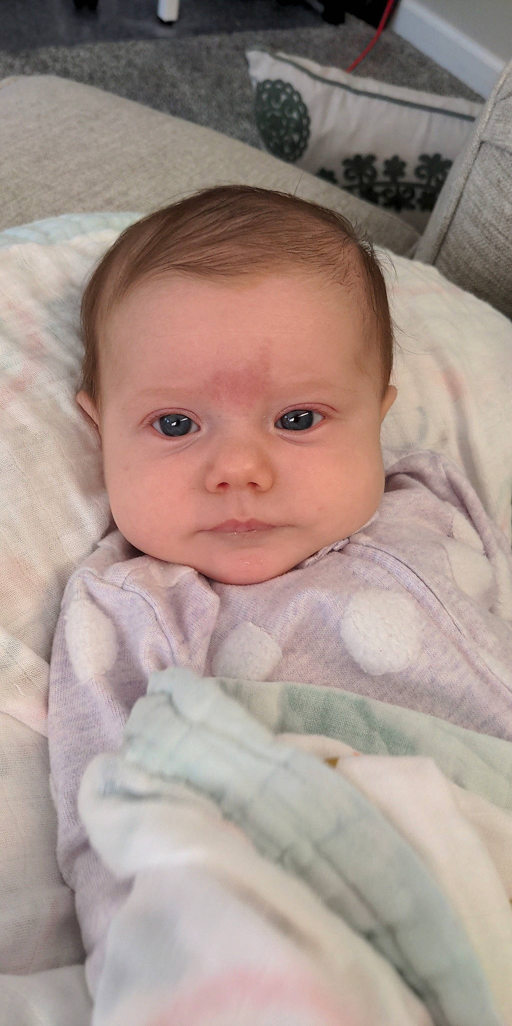 Estelle is registered to the contest to win money with this photo: baby, baby_toddler_clothing, cheek, child, comfort, eyebrow, face, fur, iris, linens, lip, no_expression, nose, person, portrait_photography, sitting, skin, sleeve, toddler