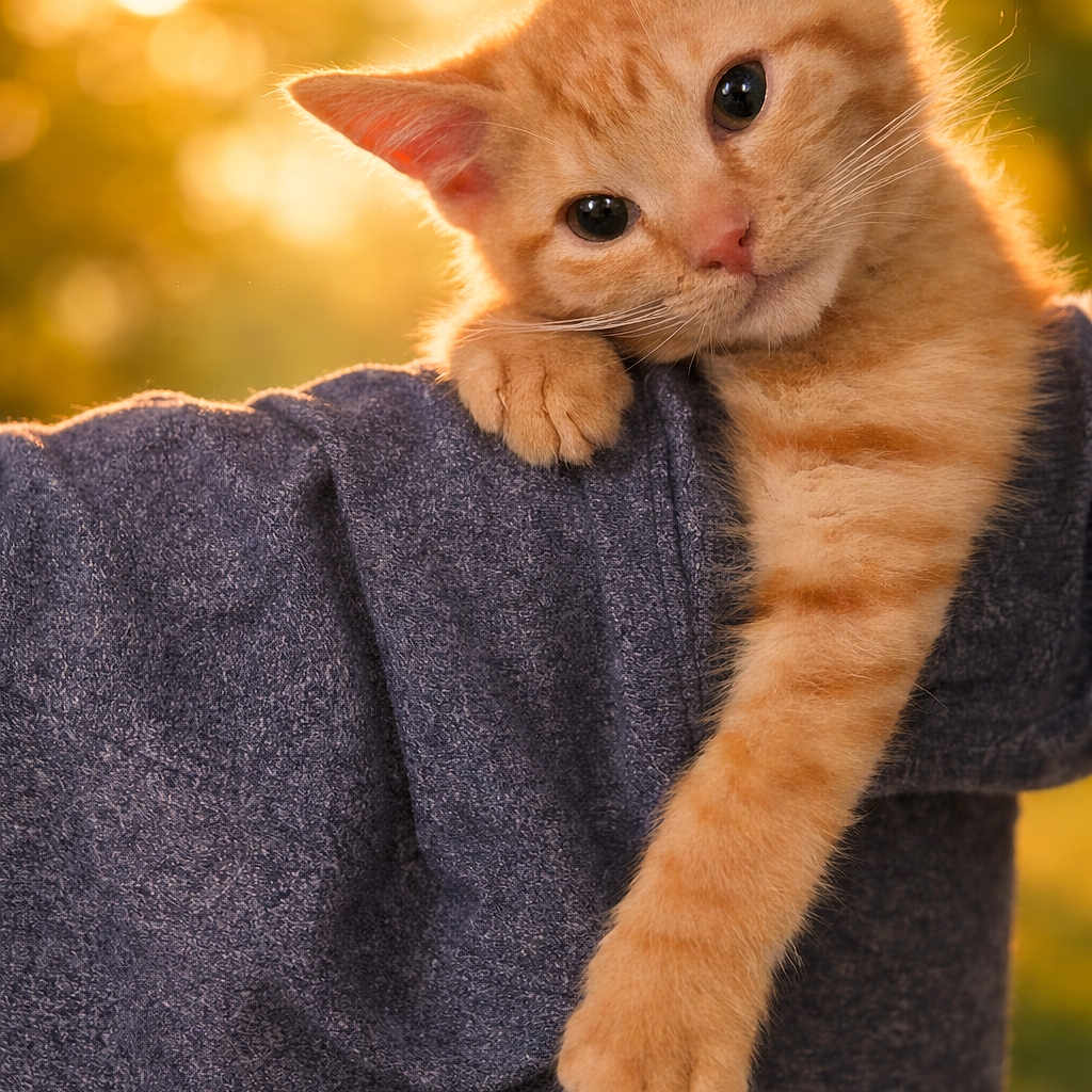 Simba is registered to the contest to win money with this photo: animal, arm, cat, clinging, close_up, cute, fur, furry, golden_hour, kitten, nature, orange_tabby, outdoor, paw, person, pet, portrait, soft_focus, sunlight, whiskers
