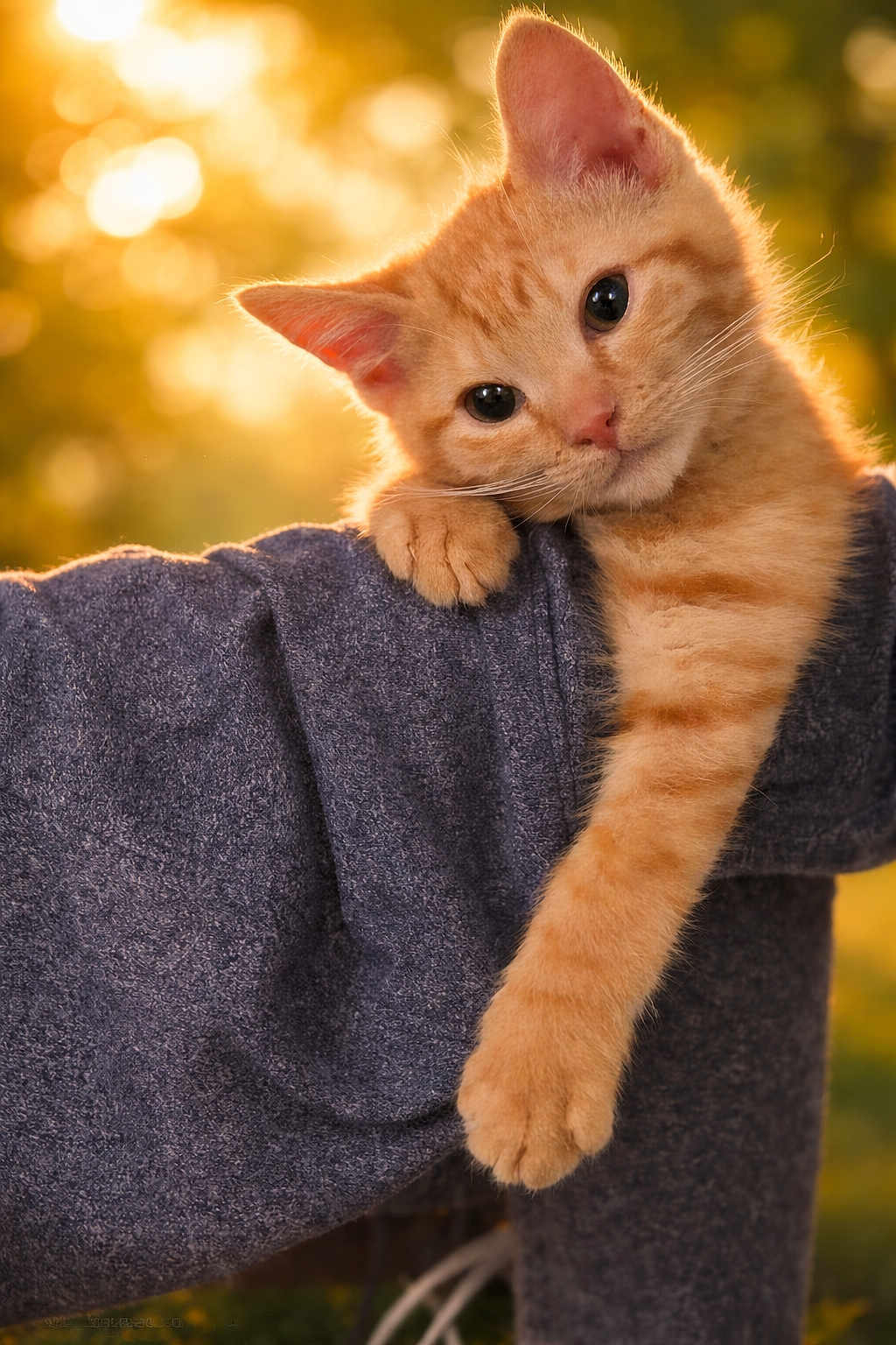Simba is registered to the contest to win money with this photo: animal, arm, cat, clinging, close_up, cute, fur, furry, golden_hour, kitten, nature, orange_tabby, outdoor, paw, person, pet, portrait, soft_focus, sunlight, whiskers