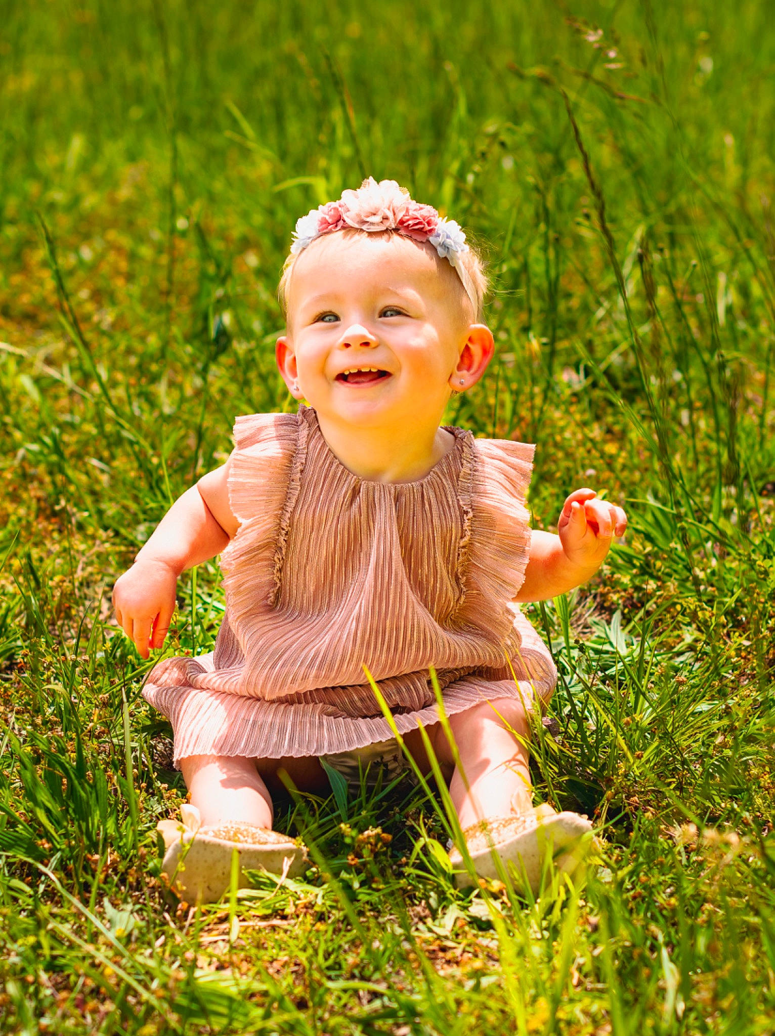 Madelyn joined the competition — help win amazing prizes! baby, baby_toddler_clothing, child, dress, eye, finger, flower, gesture, grass, green, happy, head, joy, natural_environment, people_in_nature, person, plant, skin, smile, sunlight
