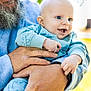 baby, child, adult, beard, glasses, hands, blue_clothing, smiling, outdoor, sunlight, nature, happy, portrait, person, holding, close_up, family, human, face, infant