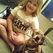 Dewey joined the competition — help win amazing prizes! child, dog, carpet, tshirt, indoor, pet, smiling, sitting, floor, television, cage, collar, tag, short_hair, barefoot, cord, furniture, happy, home, animal