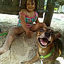 child, dog, sand, playground, outdoor, happy, smiling, green_collar, wooden_structure, sandy, swimsuit, summer, pet, playing, fun, daylight, casual, cute, young, leisure