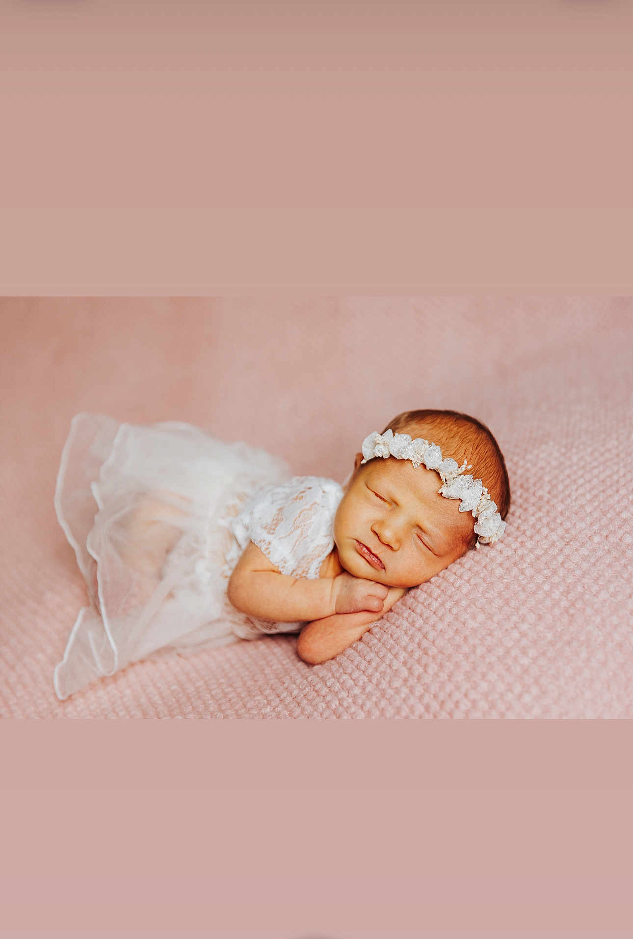 Olivia is registered to the contest to win money with this photo: adorable, baby, child, closeup, cute, delicate, flower_crown, headband, infant, newborn, newborn_photography, peaceful, pink_blanket, portrait, resting, sleeping, small, soft_texture, tender, white_dress