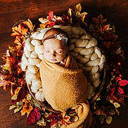 Olivia is registered to the contest to win money with this photo: autumn_leaves, baby, blanket, cozy, cute, decor, headband, indoors, infant, knit_cushion, newborn, peaceful, portrait, resting, sleeping, soft_texture, swaddled, warm_colors, wooden_floor, wrapped