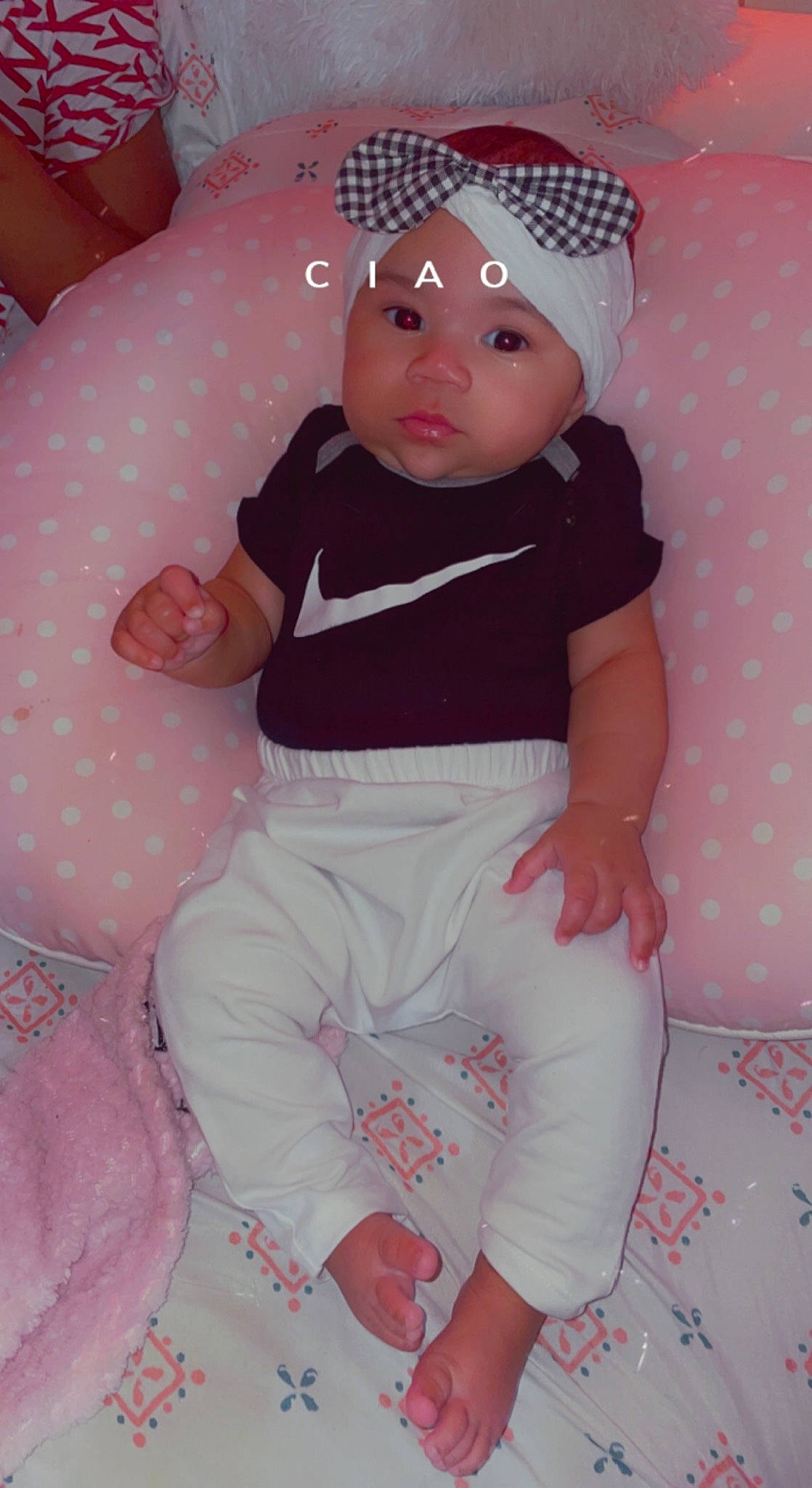 Aurorah joined the competition — help win amazing prizes! arm, baby, baby_products, baby_toddler_clothing, baseball_cap, cap, child, comfort, facial_expression, headwear, linens, magenta, pattern, person, pink, purple, red, sleeve, sock, textile