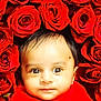 baby, infant, face, red_cloth, roses, flower, portrait, cute, closeup, skin, head, eyes, young_child, nature, flora, beauty, colorful, fresh, innocence, soft