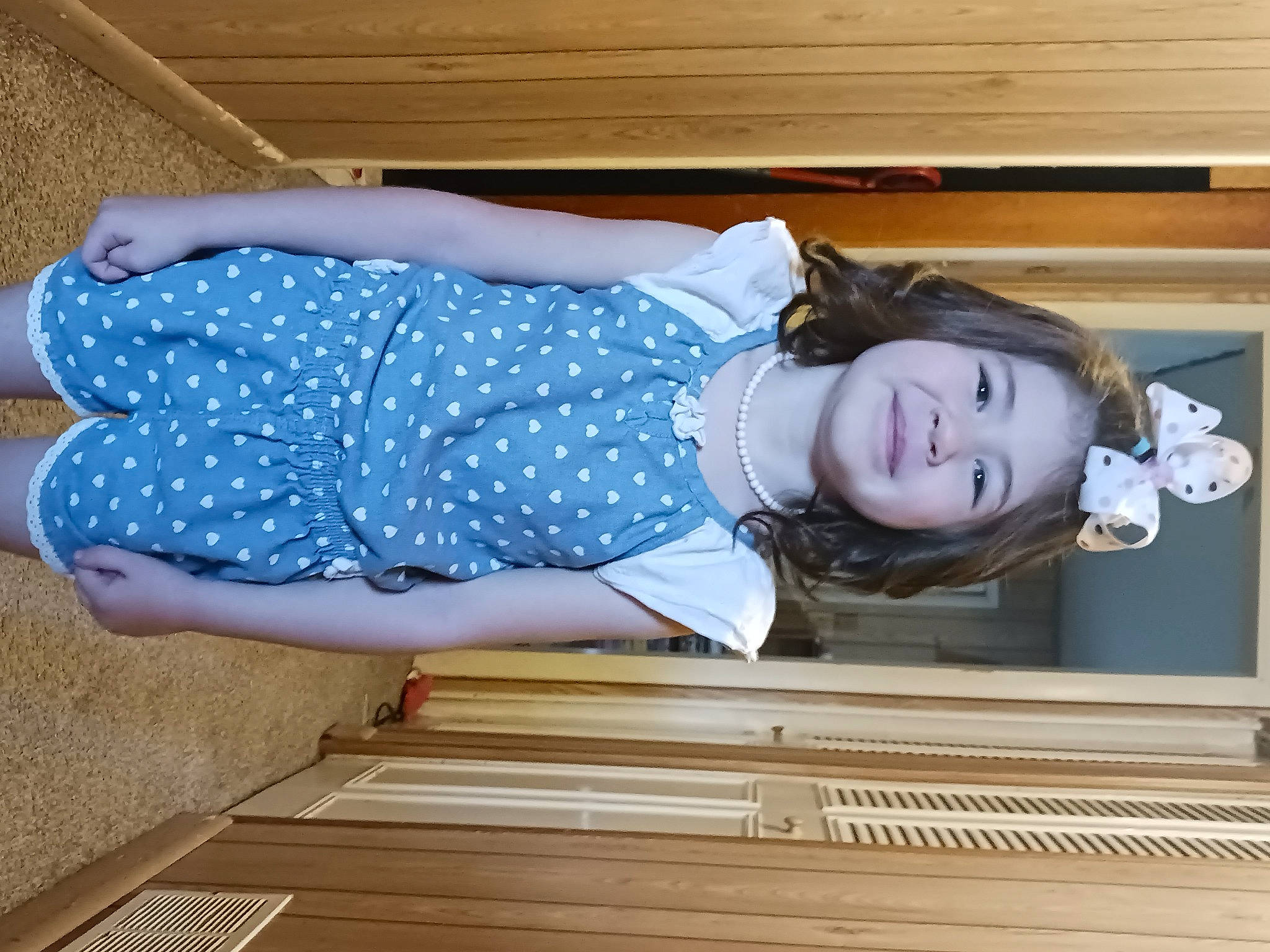 Adelyn joined the competition — help win amazing prizes! baby_toddler_clothing, child, comfort, denim, drawer, electric_blue, fun, happy, hardwood, human_leg, joy, leisure, pattern, person, sitting, sleeve, smile, thigh, waist, wood