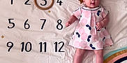 Marie a rejoint le concours — aidez-le/la à gagner de superbes lots ! baby, infant, child, dress, pink, polka_dot, blanket, numbers, wooden_ring, stars, rainbow, socks, lying_down, cute, playful, age_marker, months, white_background, decor, portrait