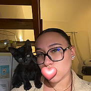 Nala a rejoint le concours — aidez-le/la à gagner de superbes lots ! black_cat, casual_clothing, cat, curious, earrings, face_occluded, glasses, home, indoor, jewelry, kitten, necklace, person, pet, portrait, ring, shoulder, stairs, warm_lighting, wooden_stairs