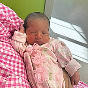 Lucia is registered to the contest to win money with this photo: baby, newborn, sleeping, pink_clothing, floral_pattern, flower_decorations, person, hand, checkered_shirt, indoor, natural_light, soft_fabric, cute, peaceful, resting, close_up, skin, head, infant, cozy