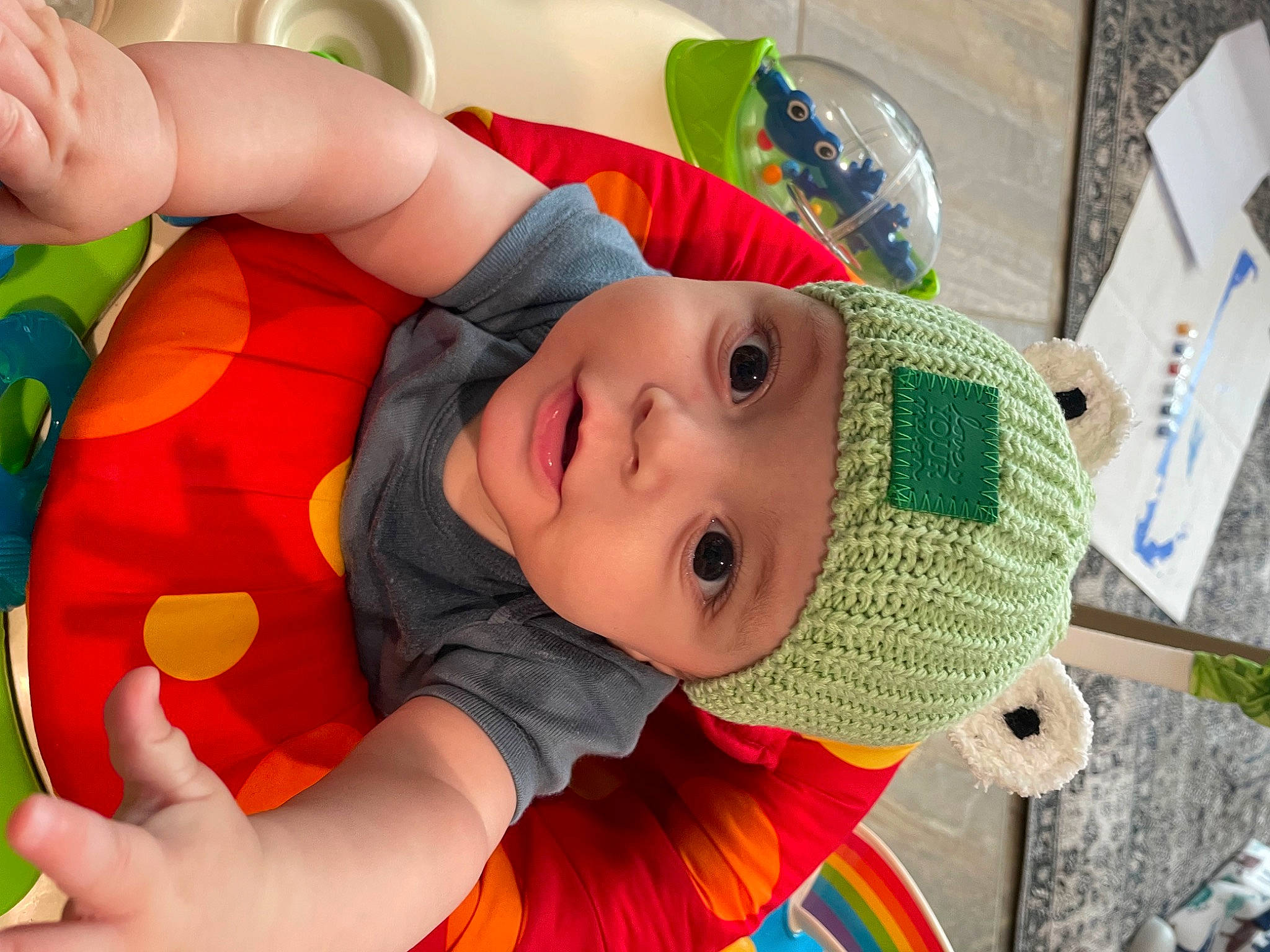Leland joined the competition — help win amazing prizes! baby, baby_products, baby_toddler_clothing, baby_toys, cap, child, costume, costume_hat, fictional_character, fun, happy, hat, headwear, leisure, person, play, plush, room, stuffed_toy, sun_hat