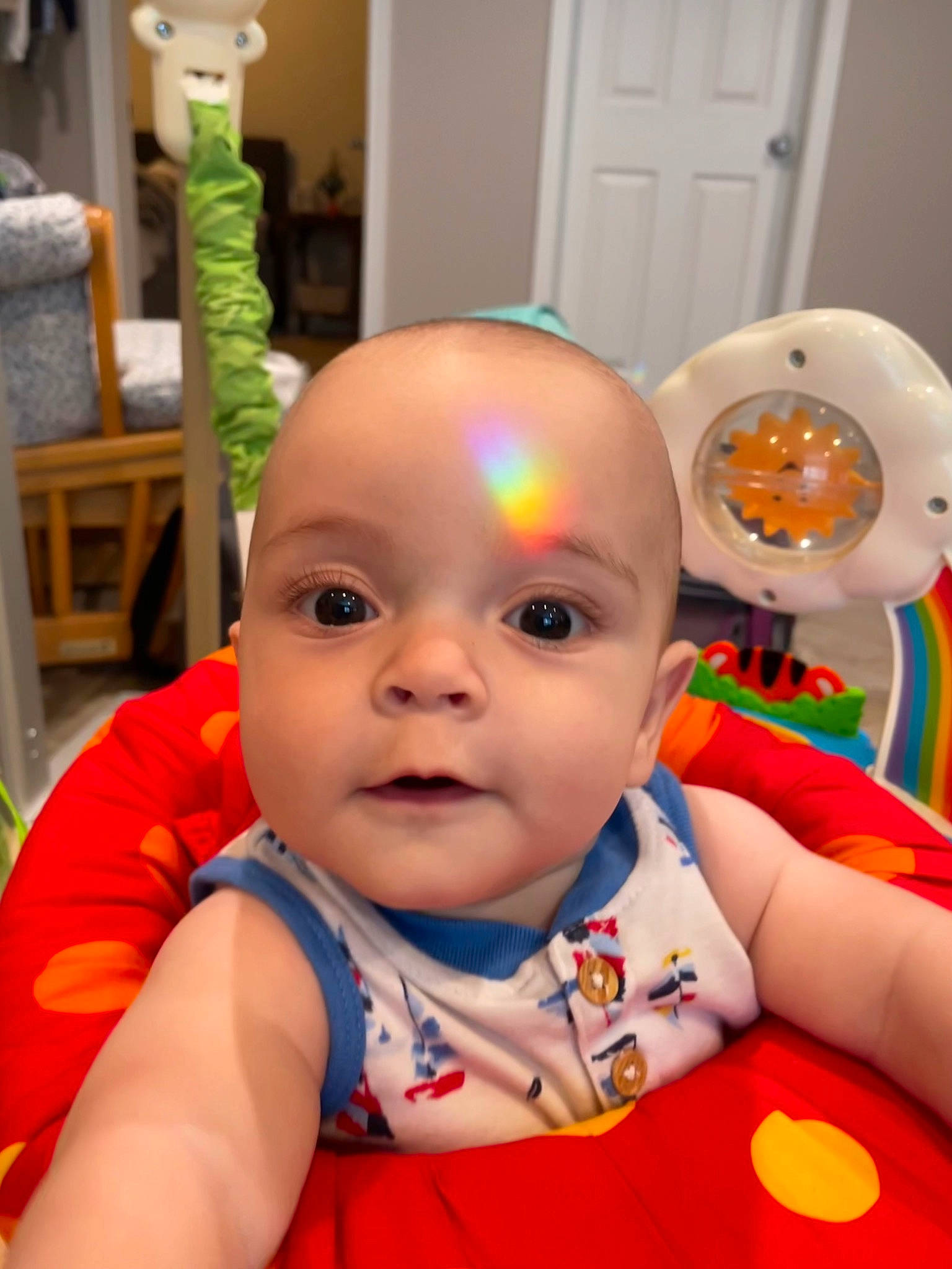 Leland joined the competition — help win amazing prizes! baby, baby_products, baby_toddler_clothing, cheek, child, door, event, eye, flooring, fun, happy, mouth, nose, orange, person, room, skin, smile, toddler, white