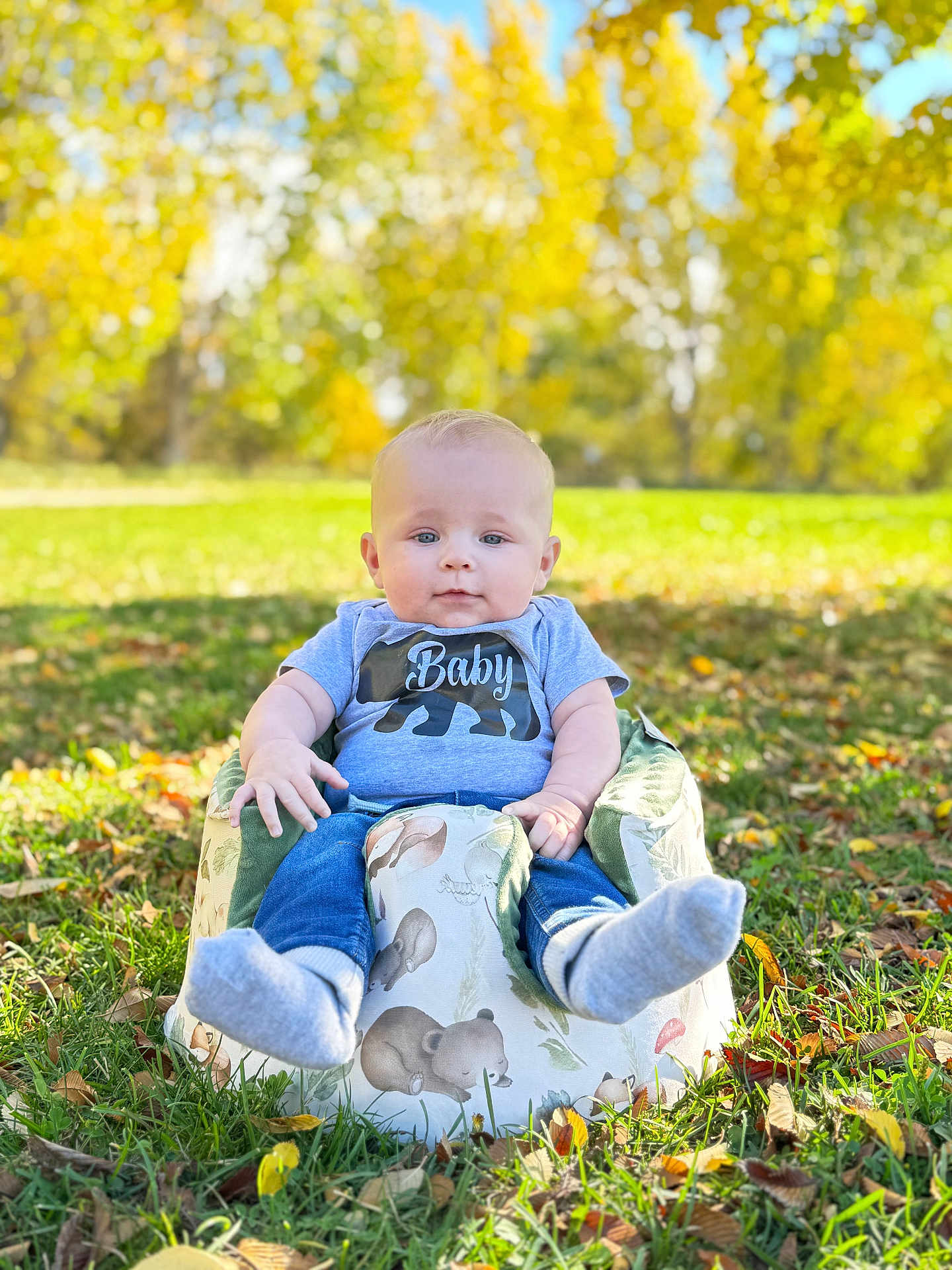 Kole joined the competition — help win amazing prizes! baby, child, grass, outdoor, nature, autumn, yellow_leaves, blue_shirt, socks, seat, cushion, cute, portrait, young_child, fall, sunlight, greenery, relaxing, casual_clothing, baby_seat