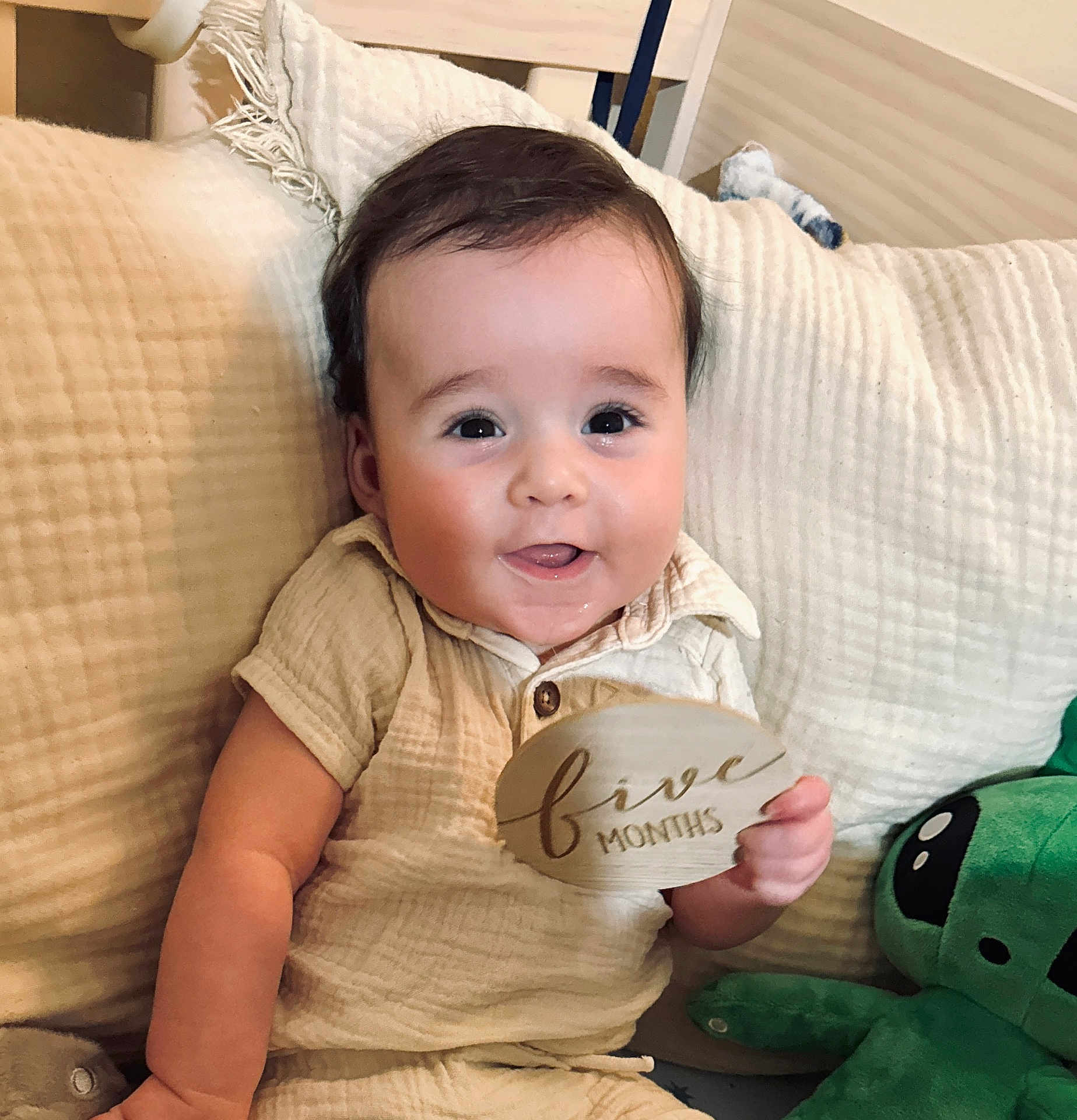 Arlo joined the competition — help win amazing prizes! baby, infant, smiling, plush_toy, couch, wooden_plaque, five_months, child, indoor, cozy, cute, happy, person, cream_color, clothing, portrait, sitting, face, home, soft_texture