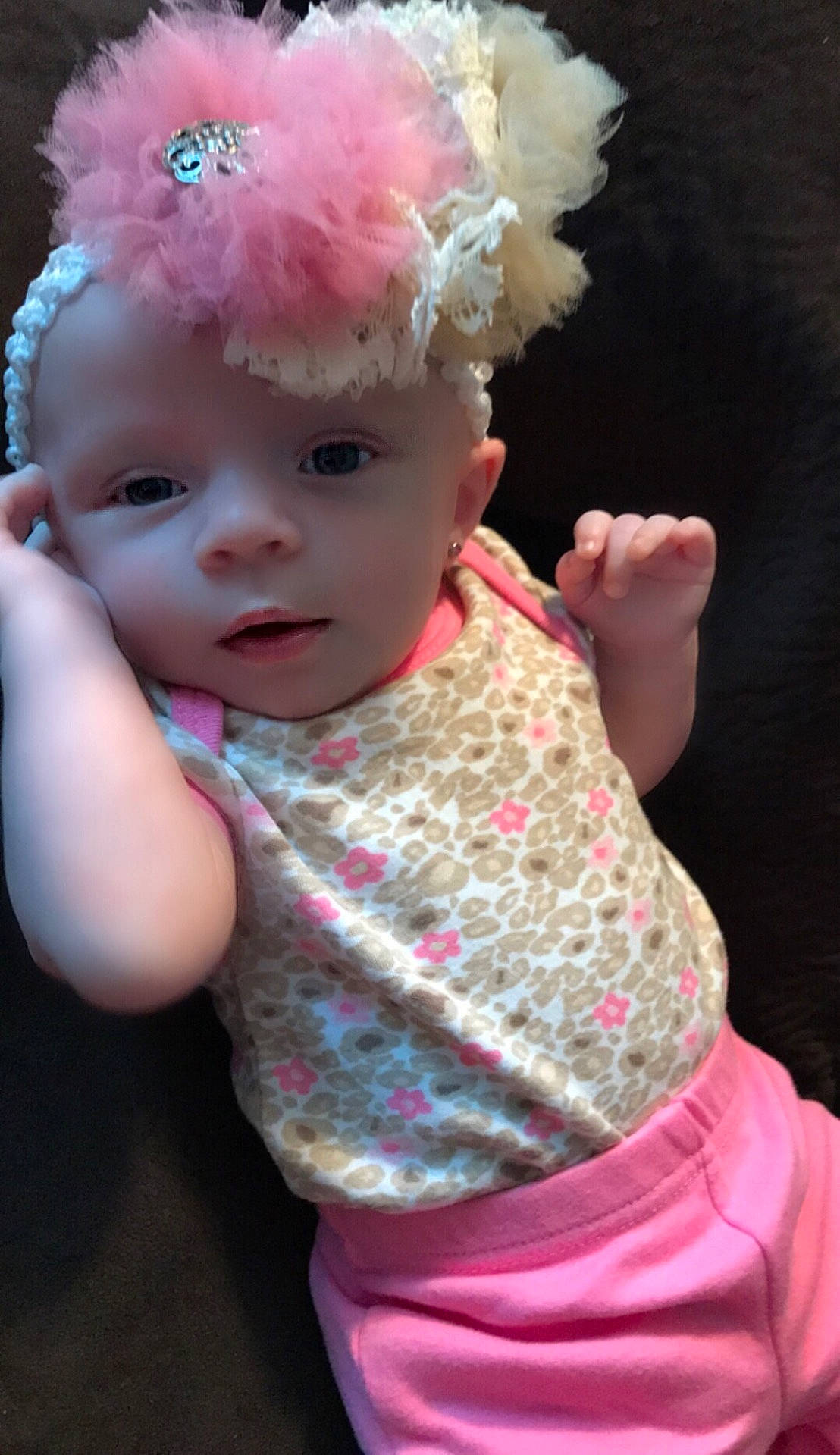 Hadlee is registered to the contest to win money with this photo: cheek, child, crochet, girl, hair_accessory, headband, headgear, headpiece, infant, person, pink, product, textile, toddler