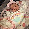 baby, sleeping, blanket, bow, headband, infant, cozy, rainbow, cloud, pink, cute, cute_baby, soft, warm, resting, peaceful, child, portrait, indoors, bed