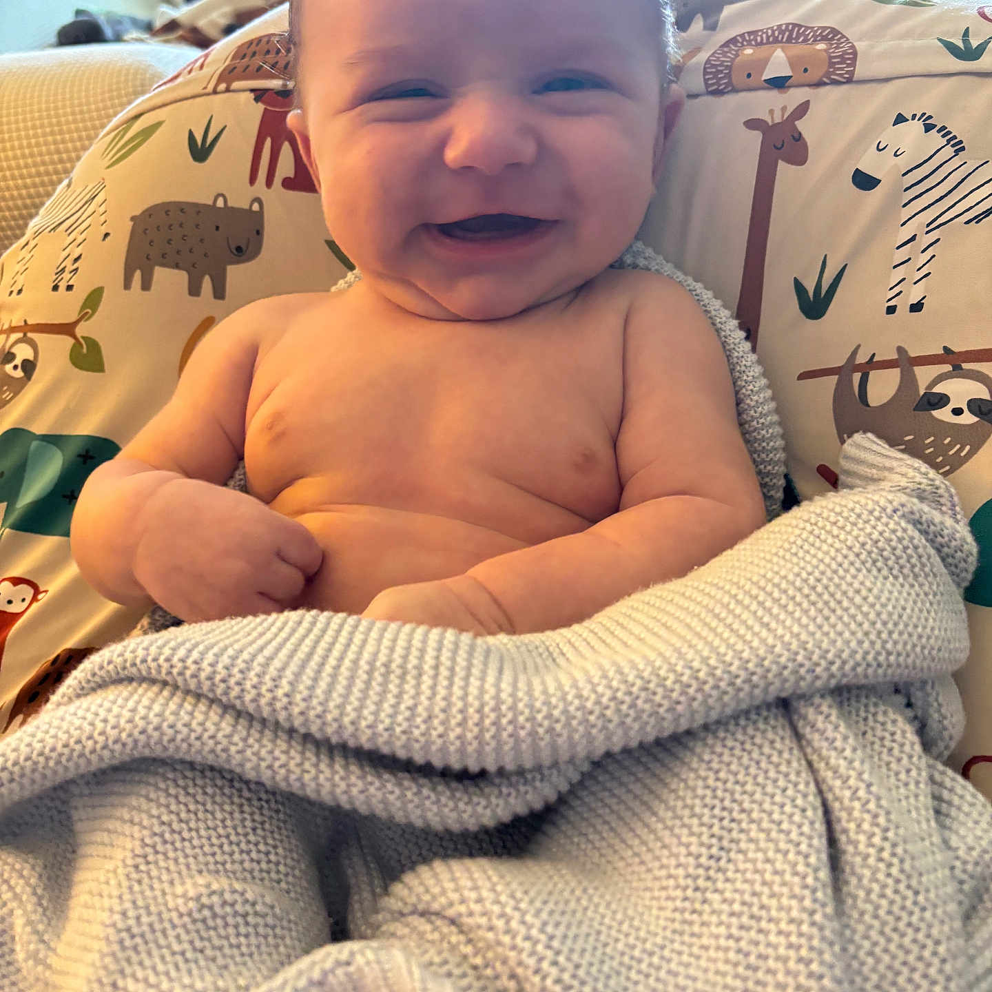 Grayson joined the competition — help win amazing prizes! animal_pattern, baby, blanket, child, comfort, cozy, cushion, cute, face, furniture, happy, home, indoor, infant, knitted, playful, portrait, seated, skin, smiling