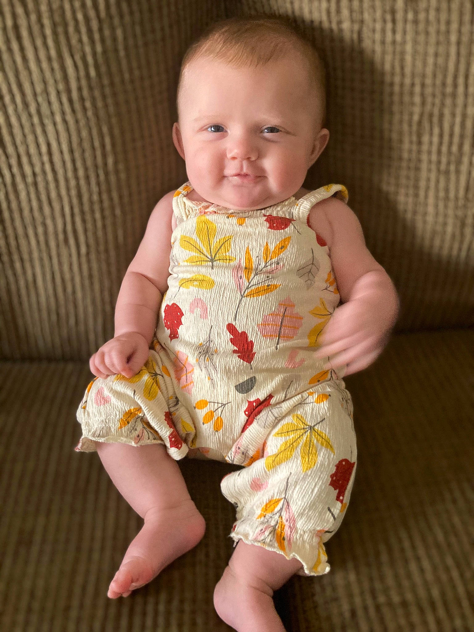Alexis joined the competition — help win amazing prizes! baby, baby_toddler_clothing, barefoot, cheek, child, comfort, day_dress, face, finger, foot, head, human_leg, iris, knee, one_piece_garment, pattern, person, sitting, skin, sleeve