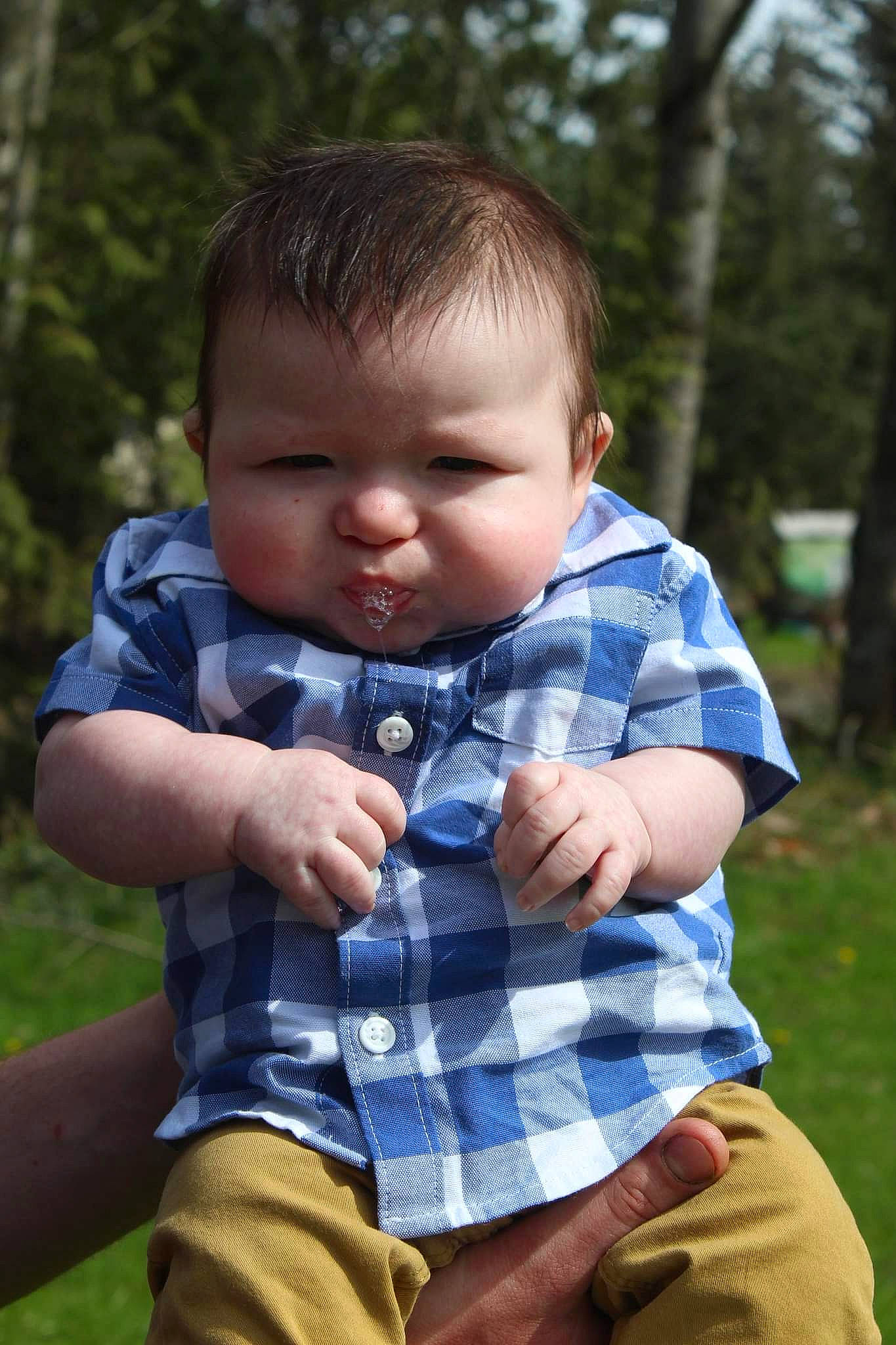 Kaysen is registered to the contest to win money with this photo: baby, baby_toddler_clothing, grass, happy, leaf, leisure, mammal, pattern, people, people_in_nature, person, photograph, plaid, plant, shirt, sleeve, summer, t_shirt, tartan, toddler