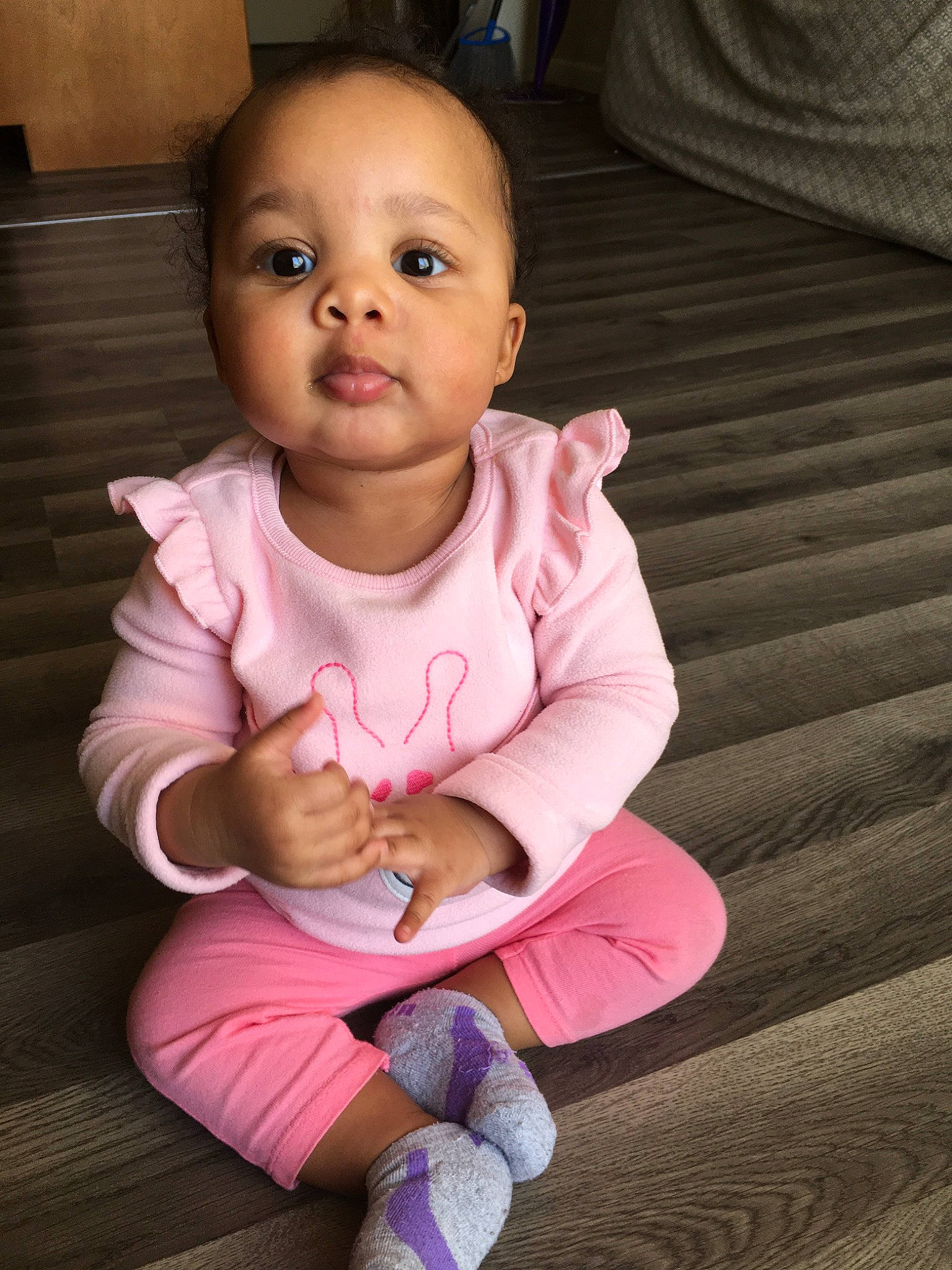 Khalia joined the competition — help win amazing prizes! baby, baby_toddler_clothing, cheek, child, face, finger, head, lip, person, pink, play, shoe, sitting, skin, smile, toddler