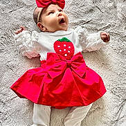 Mia is registered to the contest to win money with this photo: baby, infant, red_bow, headband, white_sleeves, red_skirt, blanket, cute, soft_texture, clothing, child, portrait, lying_down, happy, adorable, expression, fashion, small_hands, innocent, cozy