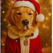 Clary is registered to the contest to win money with this photo: dog, golden_retriever, santa_hat, christmas, holiday, festive, costume, pet, portrait, furry, cute, animal, seasonal, red_clothing, fluffy, indoors, warm_lighting, bokeh, celebration, adorable