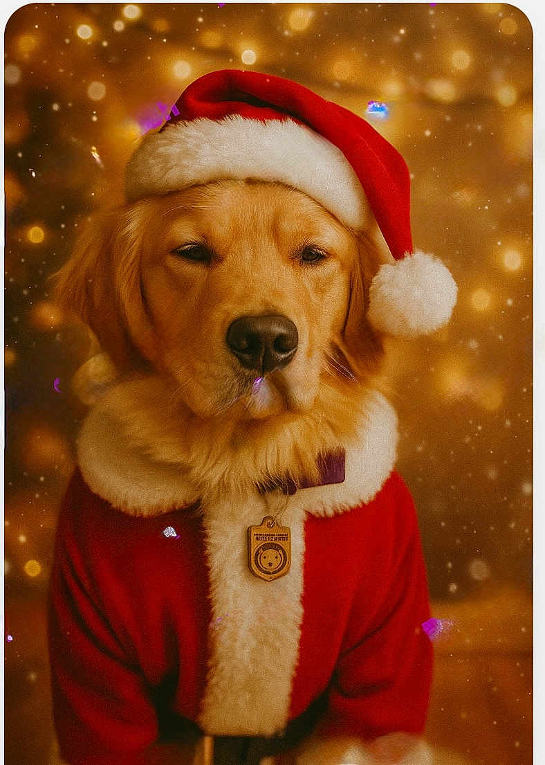 Clary is registered to the contest to win money with this photo: dog, golden_retriever, santa_hat, christmas, holiday, festive, costume, pet, portrait, furry, cute, animal, seasonal, red_clothing, fluffy, indoors, warm_lighting, bokeh, celebration, adorable