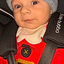 baby, black_straps, button, car_seat, child, closeup, collar, cute, face, hat, indoor, infant, knit_hat, person, portrait, red_clothing, seatbelt, smile, winter_clothing, young_child