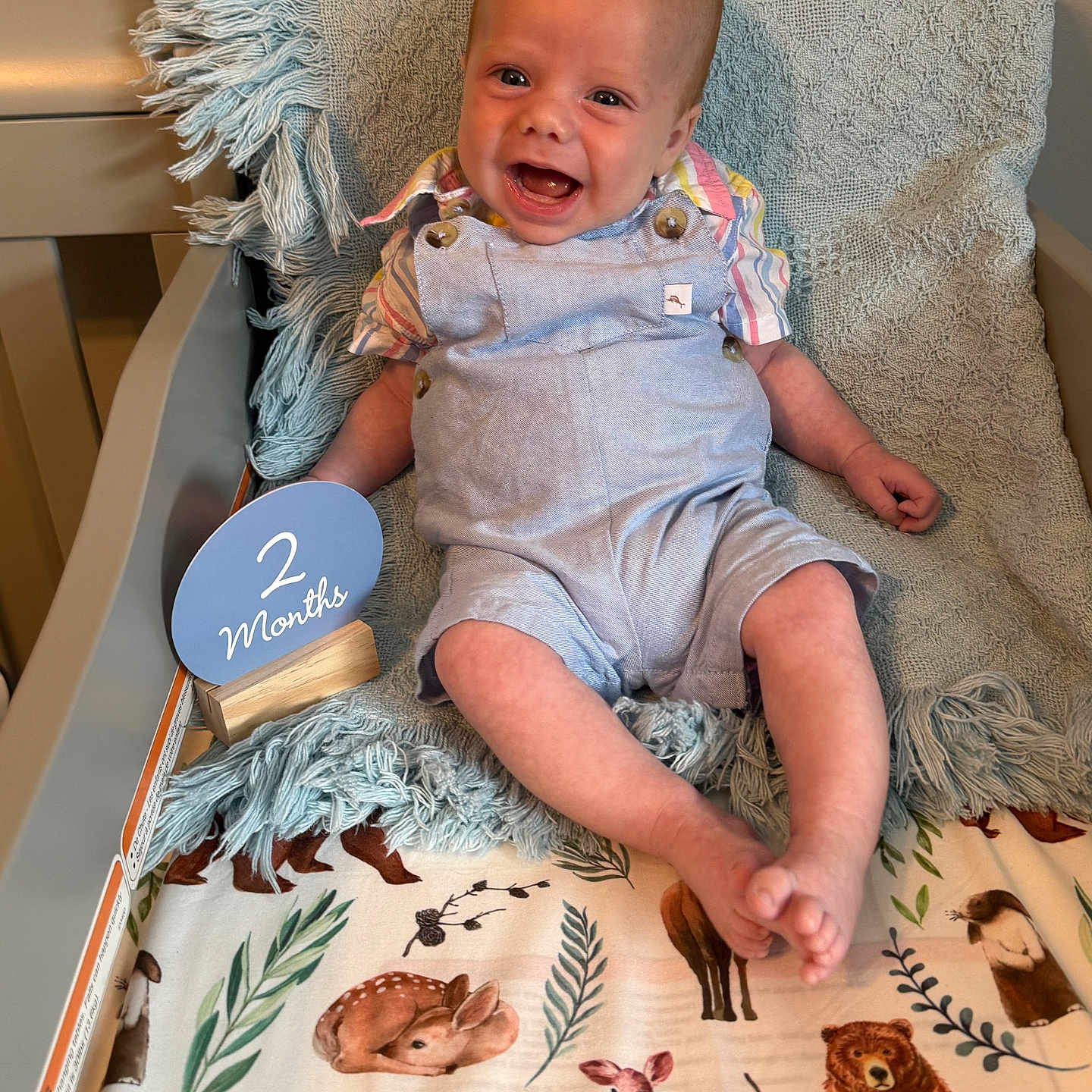 Easton is registered to the contest to win money with this photo: animal_print, baby, blanket, blue_sign, child, cozy, crib, cute, feet, fringed_blanket, happy, indoor, infant, legs, portrait, romper, smiling, striped_shirt, two_months, wooden_stand