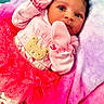Marlucia joined the competition — help win amazing prizes! newborn, baby, infant, child, portrait, face, eyes, smiling, pink_clothing, bow, tutu, teddy_bear, blanket, plush, sparkles, indoors, lying_down, close_up, colorful, cute