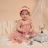 Josephine joined the competition — help win amazing prizes! baby, girl, pink_dress, flower_headband, pearls, old_fashioned_telephone, lace, birthday, one_year, studio, portrait, smiling, sitting, decor, pastel, cute, child, celebration, accessories, soft_lighting