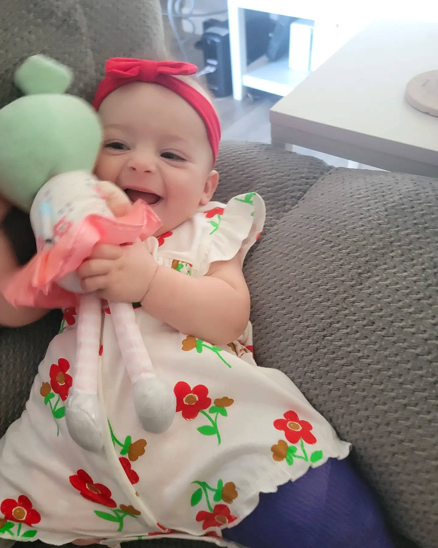 Francesca joined the competition — help win amazing prizes! arm, baby, baby_laughing, baby_toddler_clothing, cheek, child, comfort, dress, face, facial_expression, finger, happy, head, headwear, leg, person, room, sitting, skin, sleeve