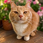 Penelope joined the competition — help win amazing prizes! animal, cat, close_up, cute, domestic_cat, flowers, fur, garden, ginger_cat, green_leaves, nature, outdoor, pet, pink_flowers, portrait, sunlight, whiskers, white_flowers, white_paws, wooden_surface