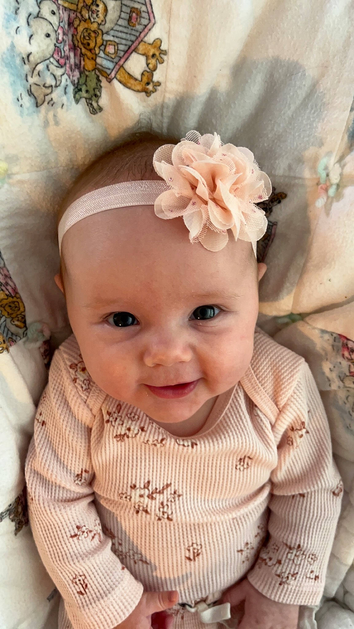 Averee is registered to the contest to win money with this photo: baby, baby_toddler_clothing, child, embellishment, face, hair_accessory, happy, headband, headgear, headpiece, headwear, jewellery, pattern, person, pink, plant, product, skin, sleeve, smile