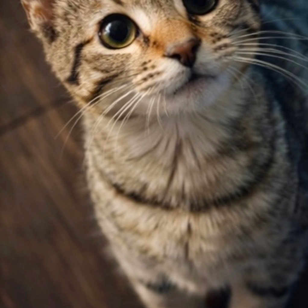 Nala joined the competition — help win amazing prizes! cat, tabby, pet, animal, fur, whiskers, ears, eyes, cute, looking_up, domestic_cat, indoor, floor, stripes, mammal, feline, young_cat, curious, closeup, portrait